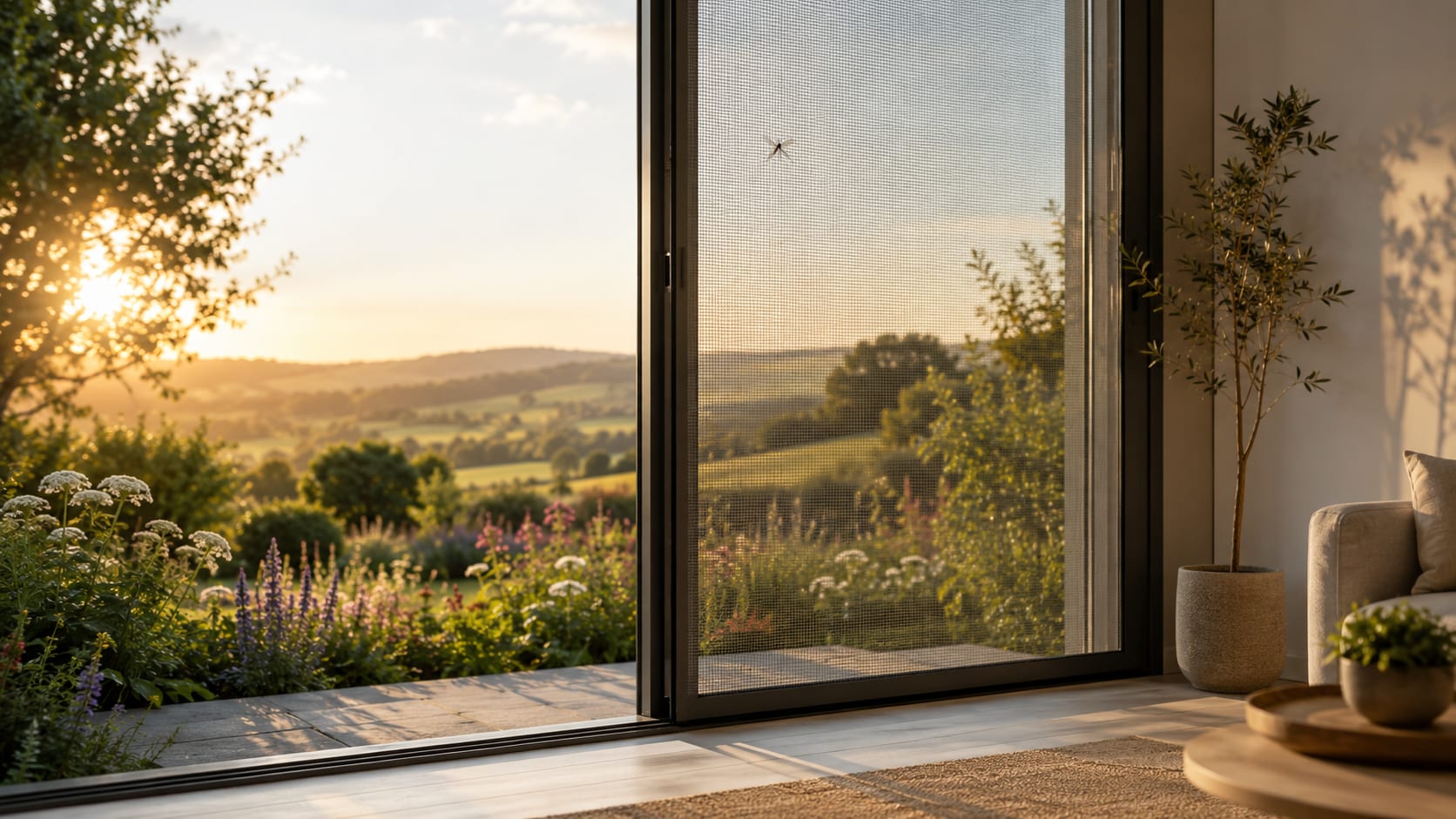 Mosquitera corredera a medida instalada en una puerta de salón con vistas al campo de Madrid al atardecer